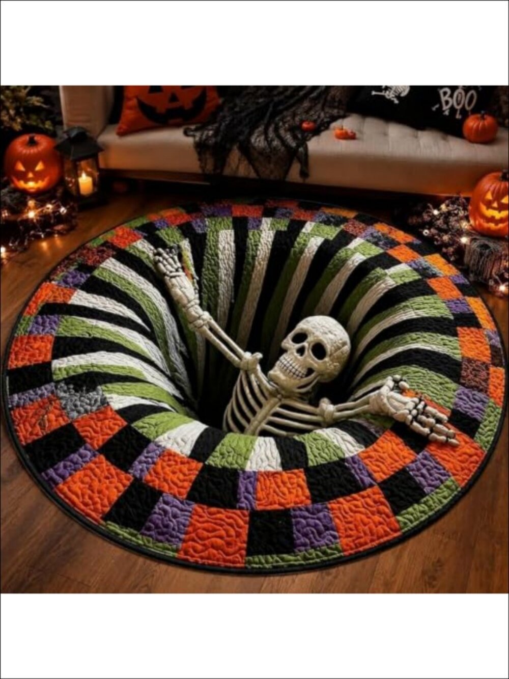 3D Halloween Round Area Rug Ghost Skeleton Vortex Optical Illusion Non-Slip Mat